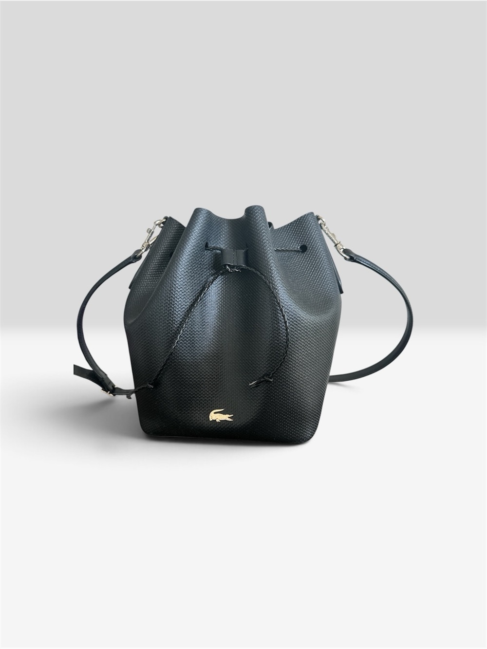 Lacoste Black Textured Drawstring Crossbody Bucket Bag